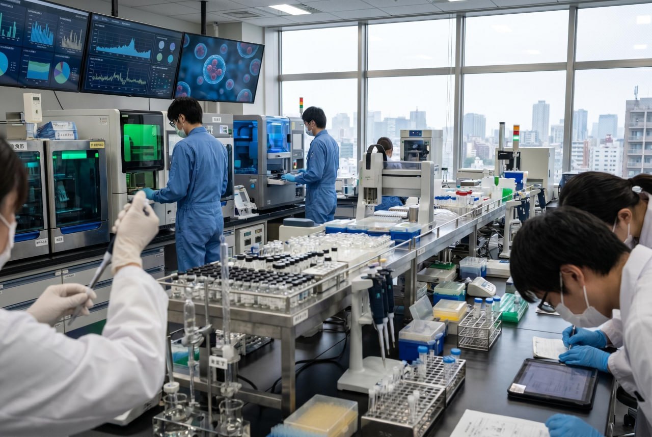 生技實驗室人員操作自動化設備並分析醫療數據