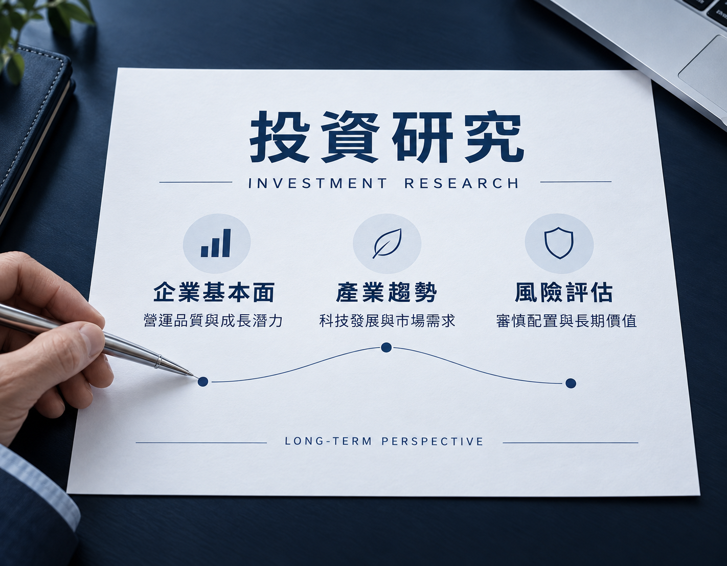 研究人員審閱產業資料,呈現審慎分析與資本配置的情境